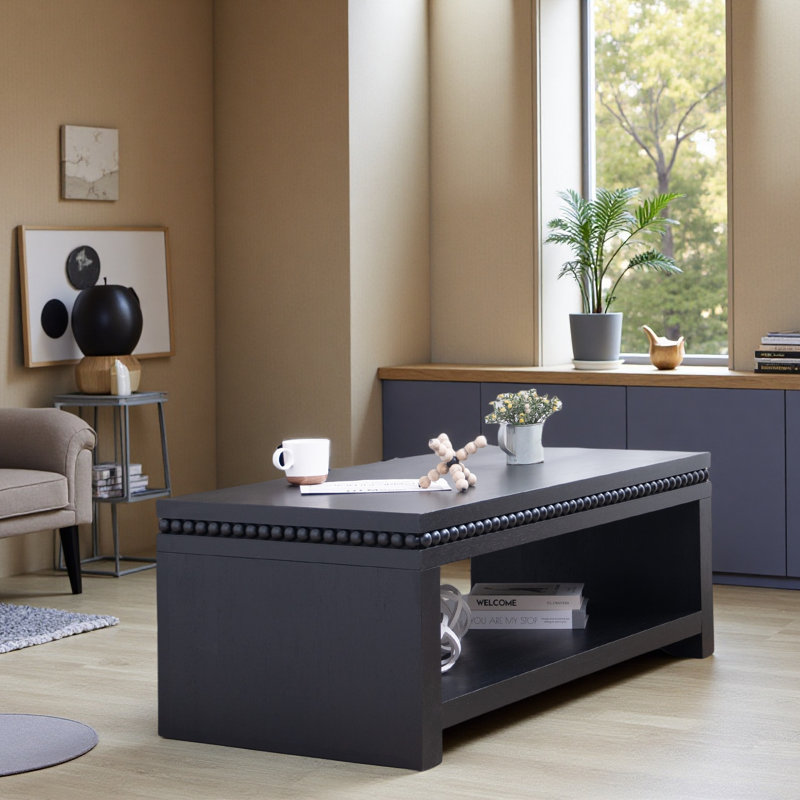 Table basse moderne en bois avec bordure perlée - Table basse rectangulaire de 47 po avec tablette de rangement, Noir
