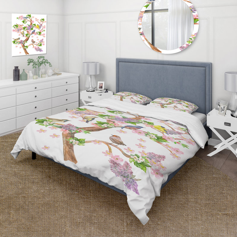 Arbre avec oiseaux colorés sur des branches en fleurs - Ensemble de housse de couette traditionnel - Microfibre de polyester