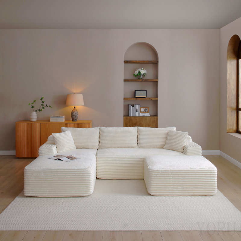 Repose-pieds en velours côtelé avec repose-pieds Cloud, Beige, Beige