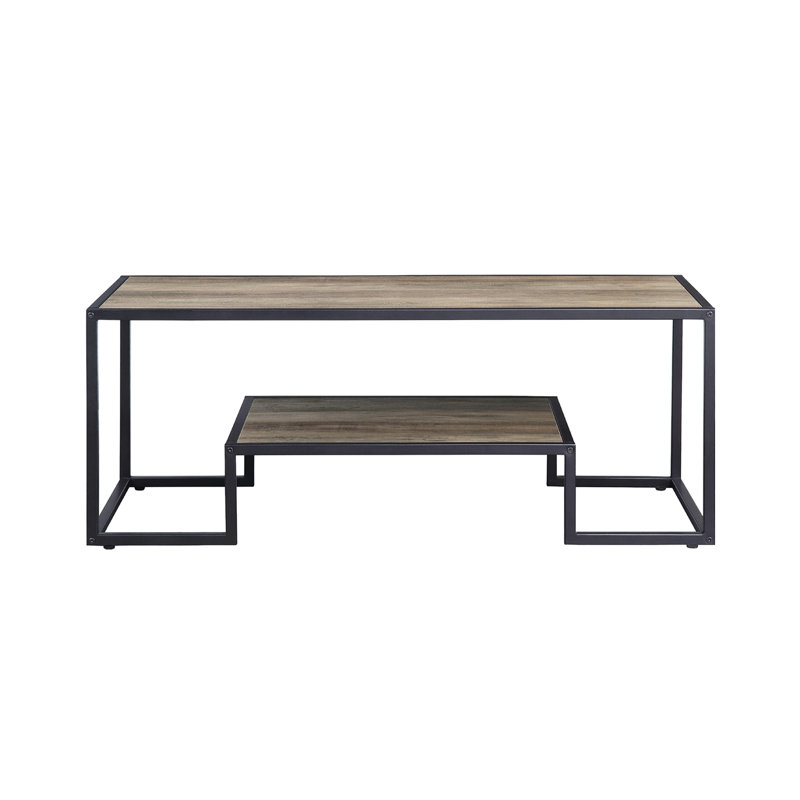 Table basse rectangulaire rustique en chêne et noir avec structure en métal, étagère à un seul niveau, plateau de 15 mm recouvert d'un placage papier PU, For & End Design Concepts, agencement d'étagères, épaisseur, agencement