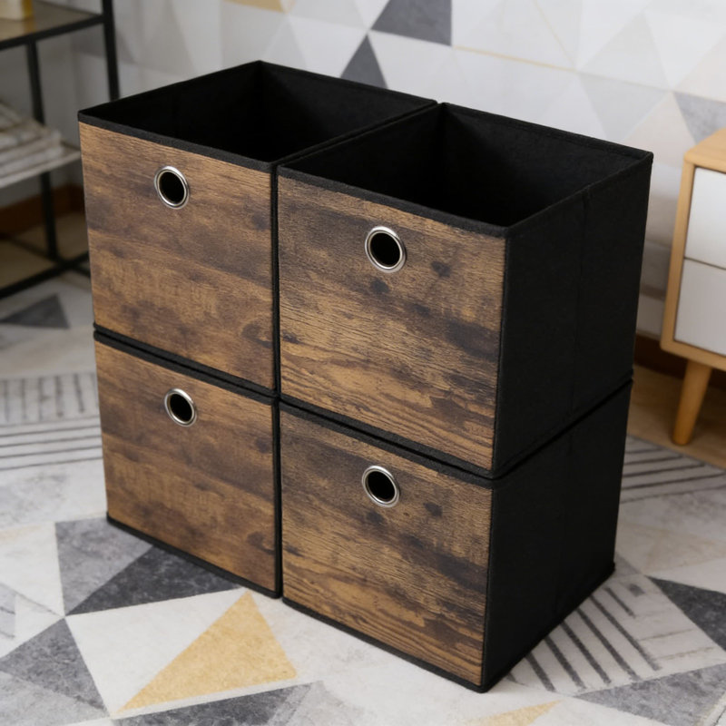 Bacs de rangement en tissu durable avec imprimé grain de bois, paniers de rangement pliables pour tablettes, placard, chambre à coucher, bureau et salon, 12 x 12 x 12 pouces (ensemble de 4)