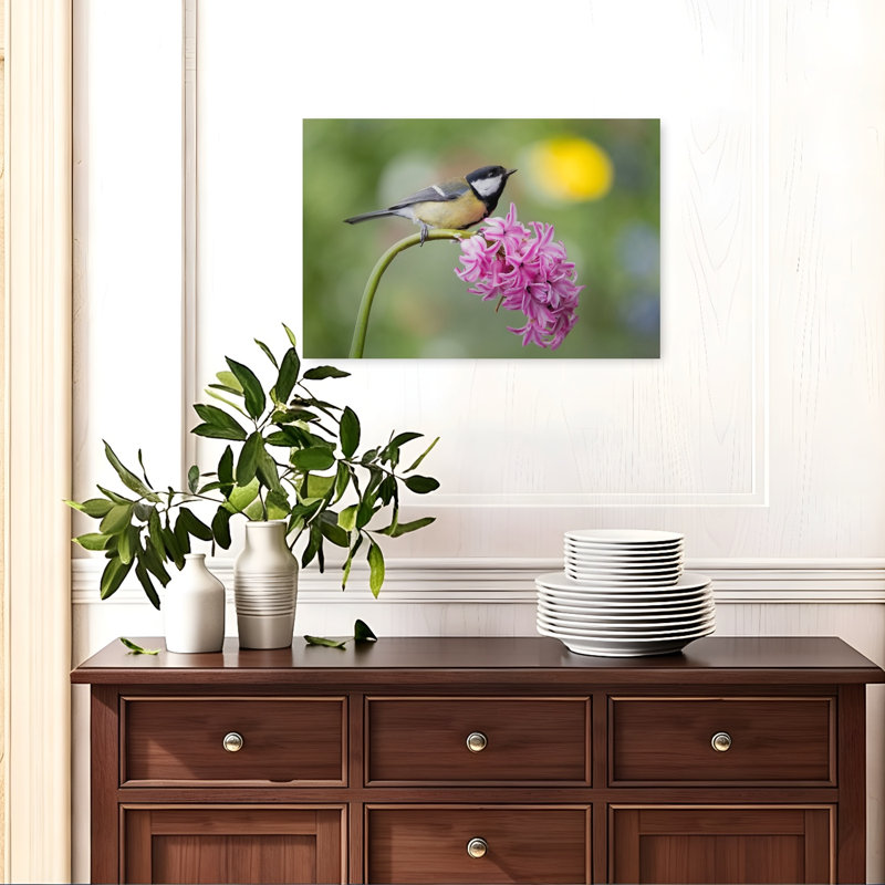 Mésange charbonnière sur jacinthe - Oiseau délicat et vibrant - Illustration murale nature, H 16 po x l 24 po