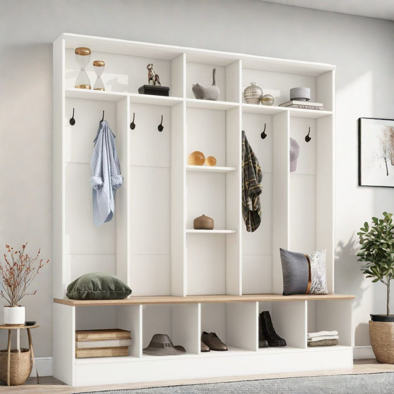 Wide Design Hall Tree With Storage Bench, Shoe Cabinet, Shelves And 8 Hooks, White