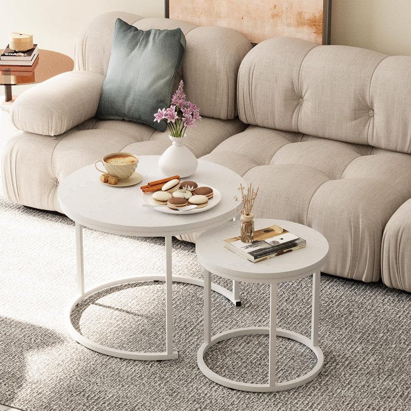 Ensemble de tables basses, tables rondes en bois de 23,6 po avec structure en métal, ensemble de 2 tables d'appoint / gigognes pour salon, chambre à coucher, balcon, blanc