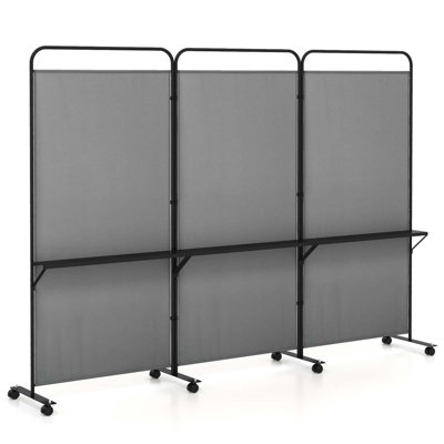 3-panel Room Divider With Storage Shelves 6ft Tall Folding Privacy Screen On Wheels