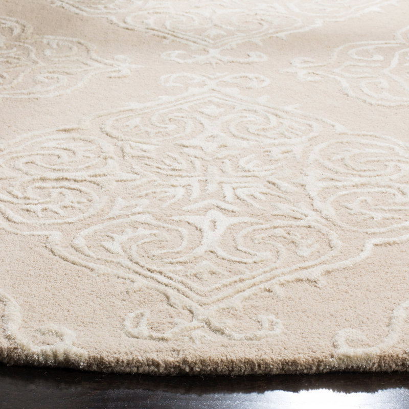 Tapis damassé en viscose / laine beige touffeté à la main Bernon, Rond 6 pi