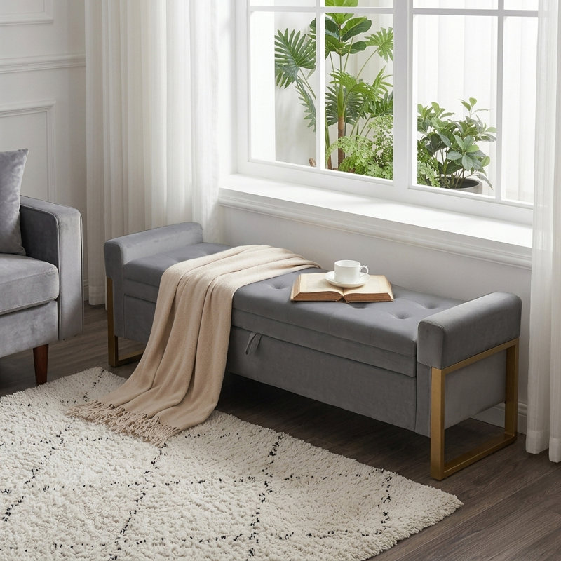 Banc de rangement en velours pour chambre à coucher, pieds dorés, Velours gris foncé
