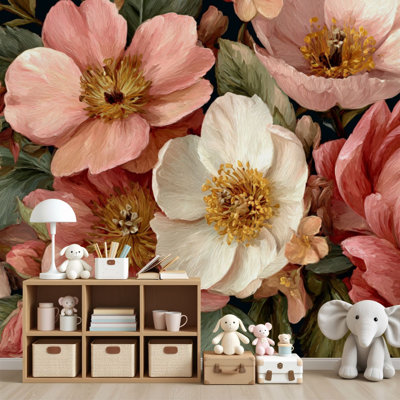 Papier peint adhésif pelez et collez, aquarelle, fleurs sauvages roses, feuillage vert, H 69 po x l 96 po, papier peint amovible en PVC, adhésif mural pour chambre à coucher, bureau à domicile