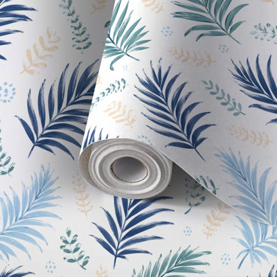 Peel and Stick PVC Wallpaper, Removable Self-Adhesive Wall Covering With Coastal Palm Tranquillo Azure Blue Palm Fronds Blue Botanical Leaves Print, Waterproof for Home Decor - Roll