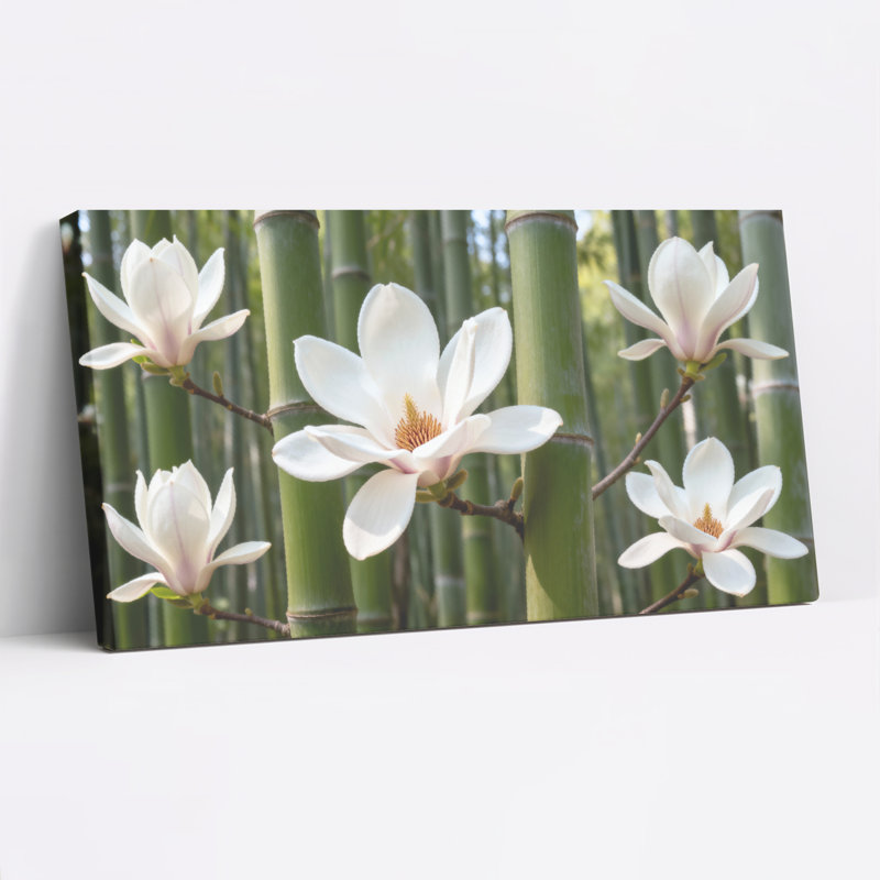 Fleurs de magnolia blanches et toile de bambou tendue sur toile tendue, ensemble de 1, H 12 po x l 36 po