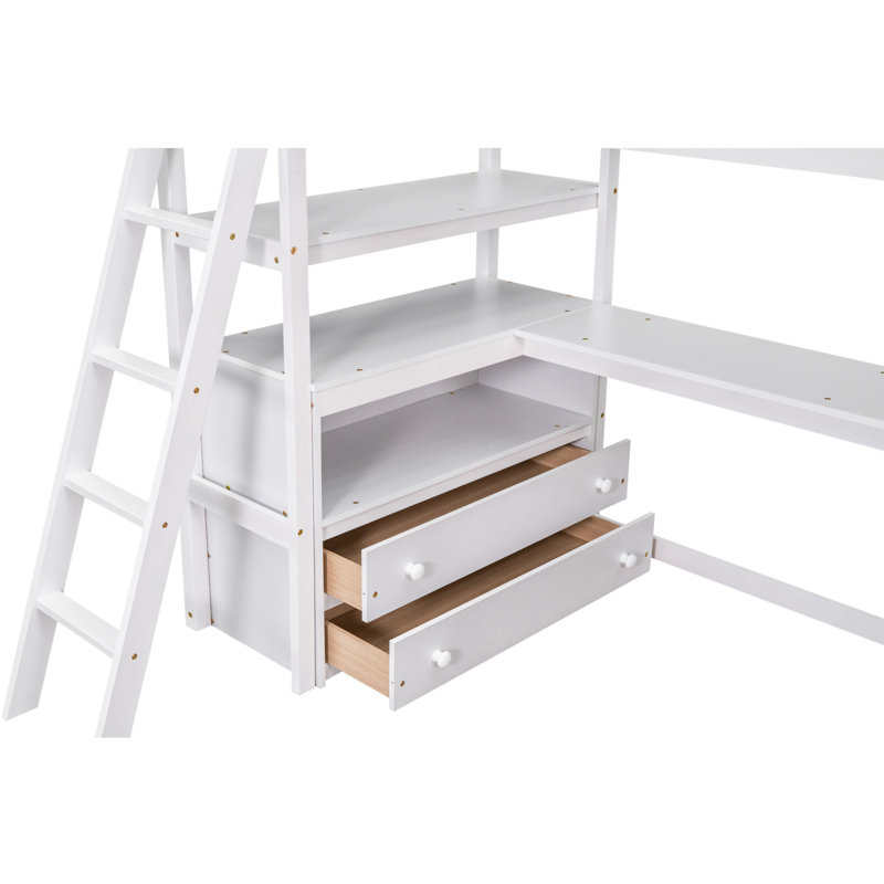 Lit mezzanine avec bureau et tablettes, Lit simple, Blanc