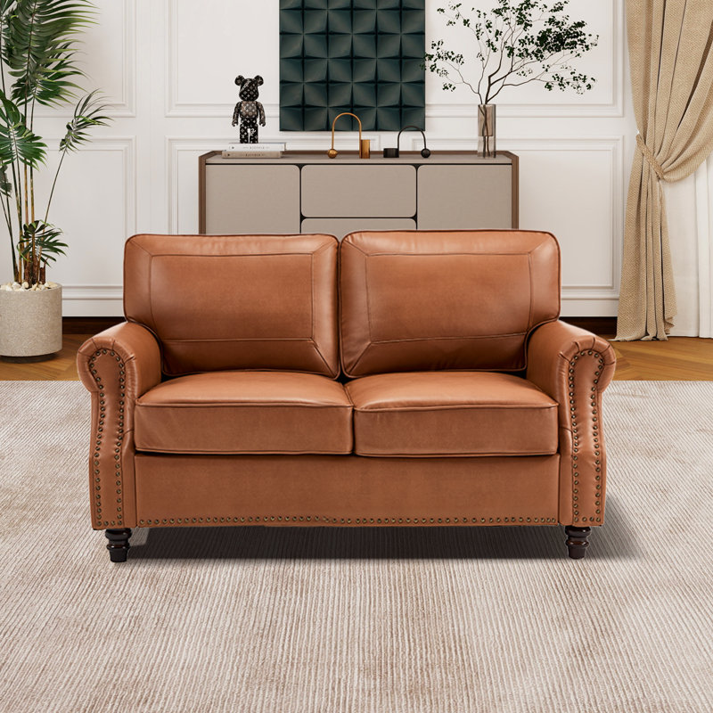 59" Upholstered Loveseat Faux Leather Sofa, Brown