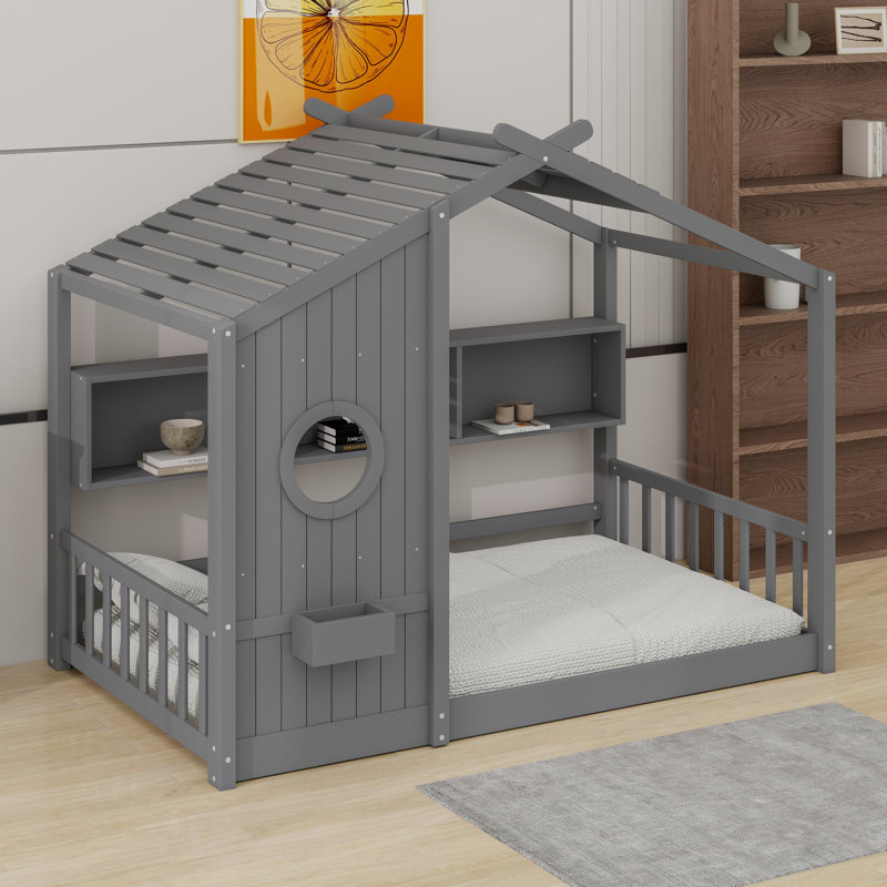 Cadre de lit en bois sur le thème de la maison qui comprend un toit et une tablette de rangement pratique, Lit simple, Gris