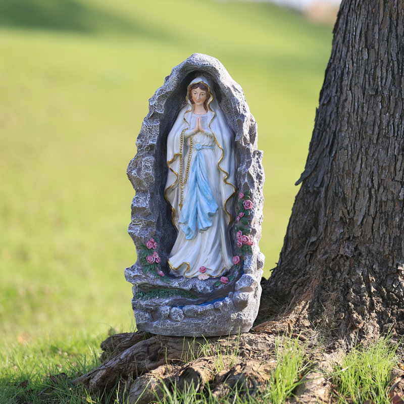 17,5 "Statue de Notre Dame de Lourdes, statue de jardin de la Vierge Marie Grotte, sculpture religieuse en résine peinte à la main pour patio, jardin, jardin et intérieur