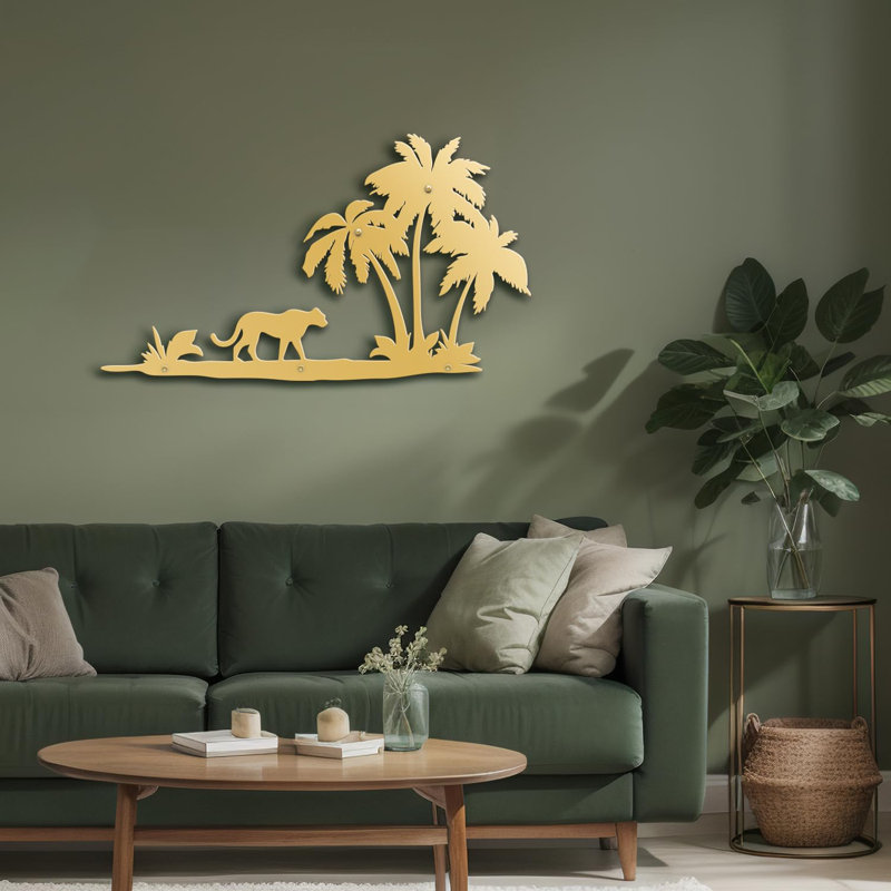 Palms and Prowling Panther Decor, décoration murale abstraite moderne, décoration murale suspendue, Doré