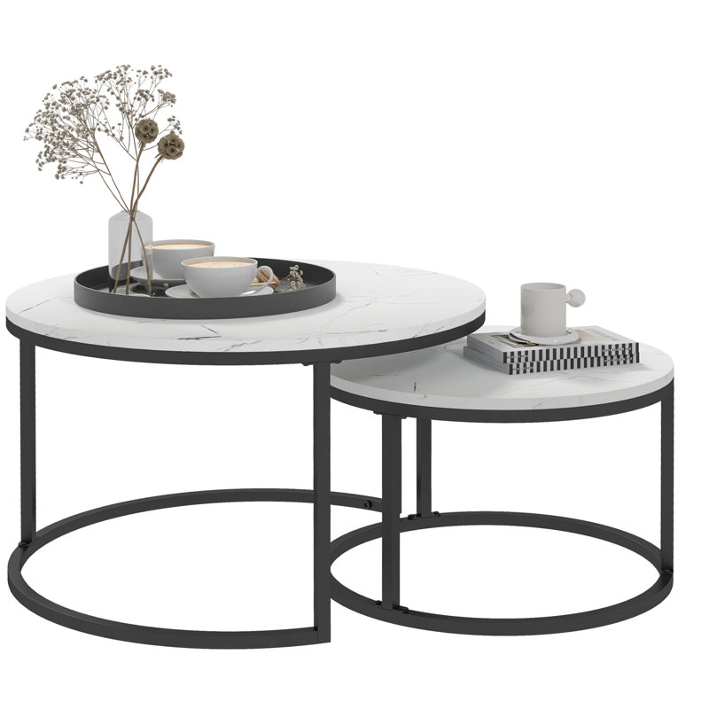 Cotten 2 Pcs Stacking Coffee Table Set Steel Frame, Marble Dark Grey, White