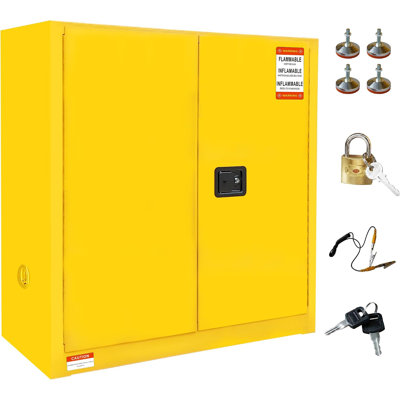 Armoire de stockage de produits inflammables 30 gal jaune – Acier à double paroi ignifugé, verrouillage à 3 points, fil de mise à la terre, tablettes réglables et bac de rétention