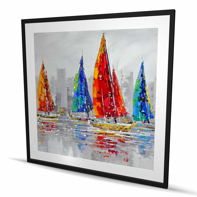 Bateaux colorés près de la ville grise - impression encadrée marine