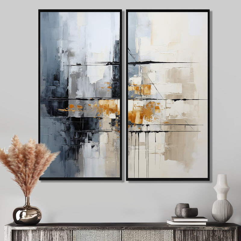 Clell - Art mural grand collage abstrait 2 pièces, 32" H x 32" W, Black, Impression encadrée flottante