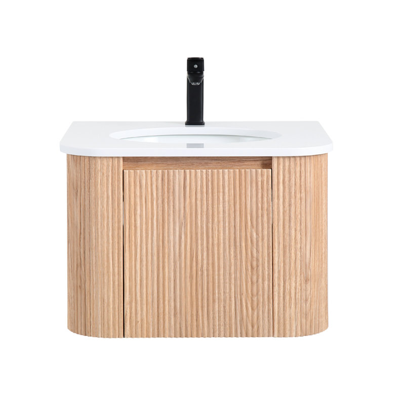 Meuble-lavabo mural 24 po, profil courbé avec finition en bois naturel, lavabo en marbre de culture, tiroir spacieux pour le rangement des cosmétiques - conception intégrée en pouces, bois à texture ondulée, fermeture en douceur