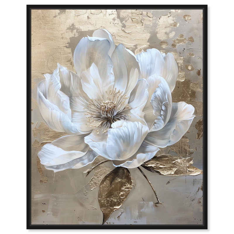 Art Remedy Athenas Flower White and Gold Canvas Print with Black Frame