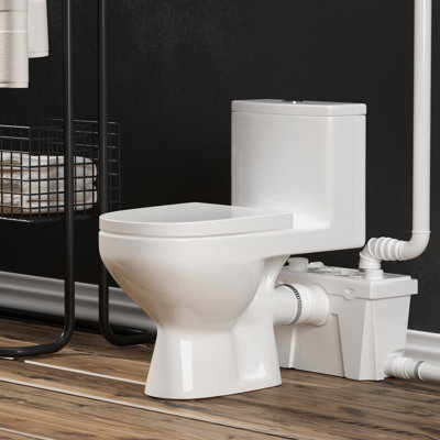 Toilette à macération Yingze 600W, toilette à chasse double chasse avec pompe à macérateur à 3 entrées, toilette ronde une pièce à sortie arrière pour salle de bain de sous-sol, blanc