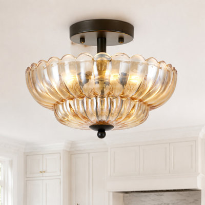 12 inch 3-Light Modern Black Semi Flush Mount LED Ceiling Light With Amber Glass Shade
