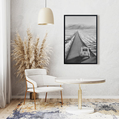 Car on the Road - Black & White Mountains Framed Canvas Art