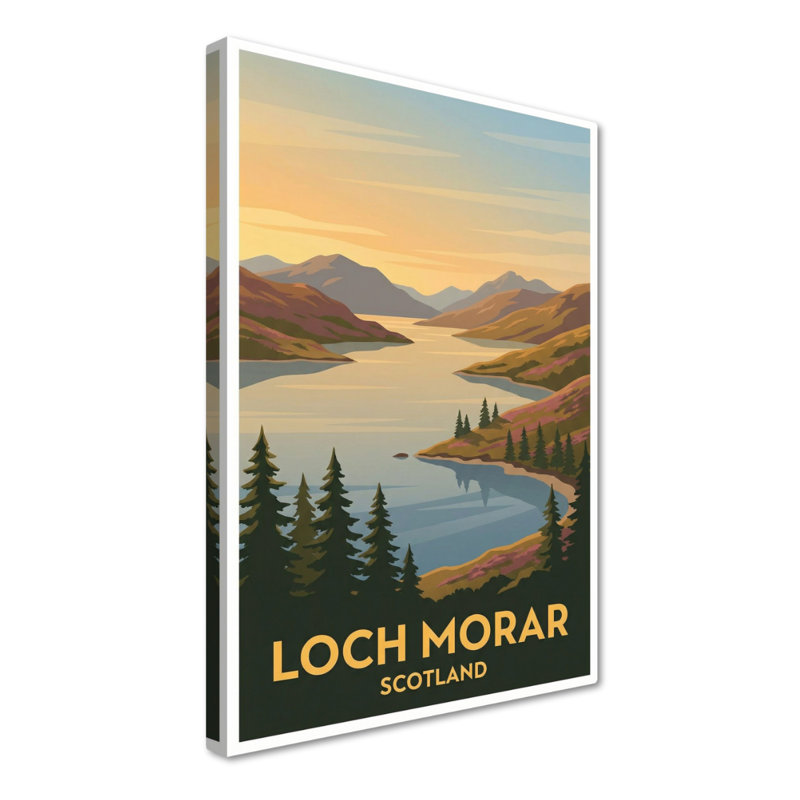 Loch Morar, Scotland - Romantic Highlands Travel Poster: Misty Loch And Mountain Shoreline. Giclee Print On Wrapped Canvas. Wall Art, Home Decor - Natural Landmarks, Scotland - Wrapped Canvas Print