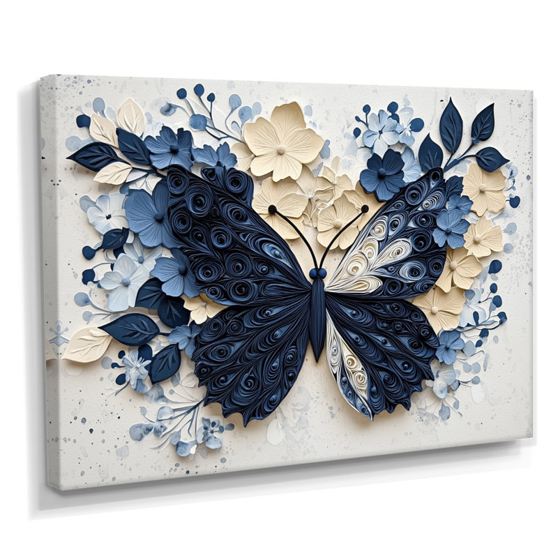 Papillon bleu et blanc en fleur - salon d'art mural papillon, Toile tendue, Ne s’applique pas, H 24 po x l 32 po