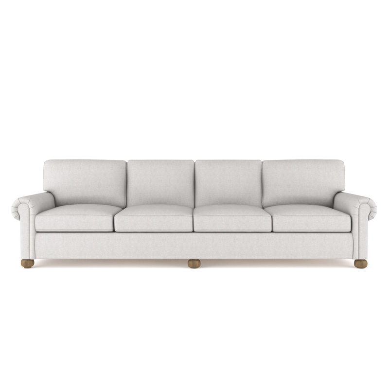 Leroy Rolled Panel-Arm Extra Long Sofa with Bun Feet, Box Weave Linen Blue Print, Weathered, 36" H x 120" W x 43" D
