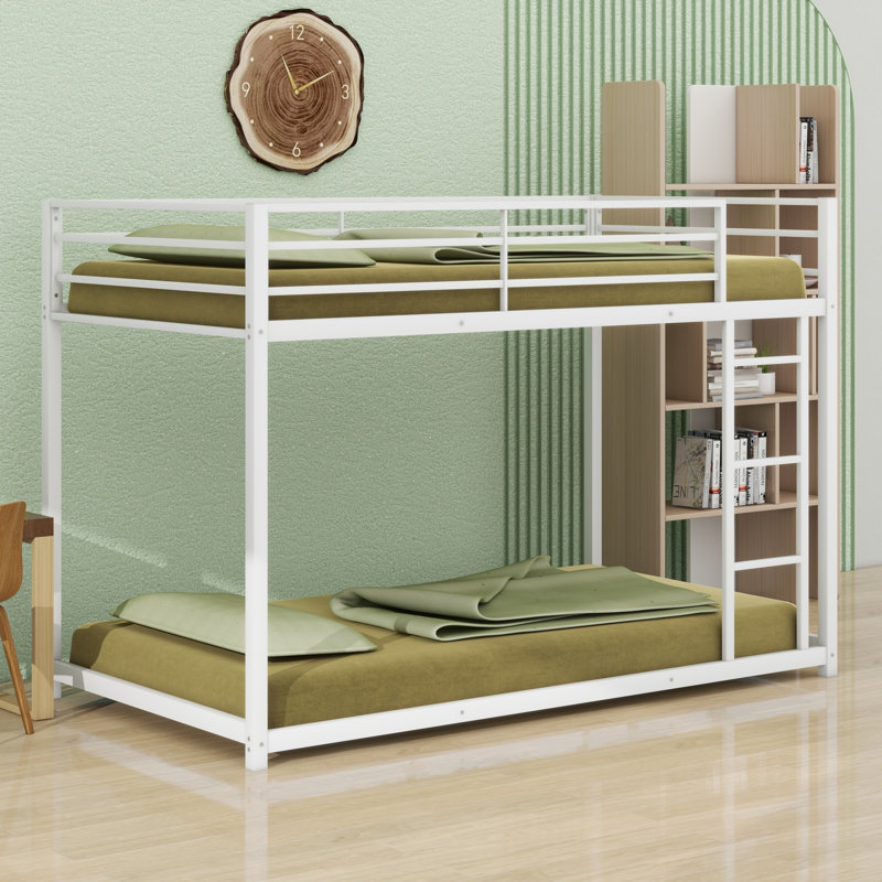 Metal Low Bunk Bed With Ladder, White