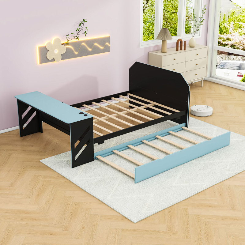 Wood Daybed with Trundle,Desk and USB, Cloud Blue