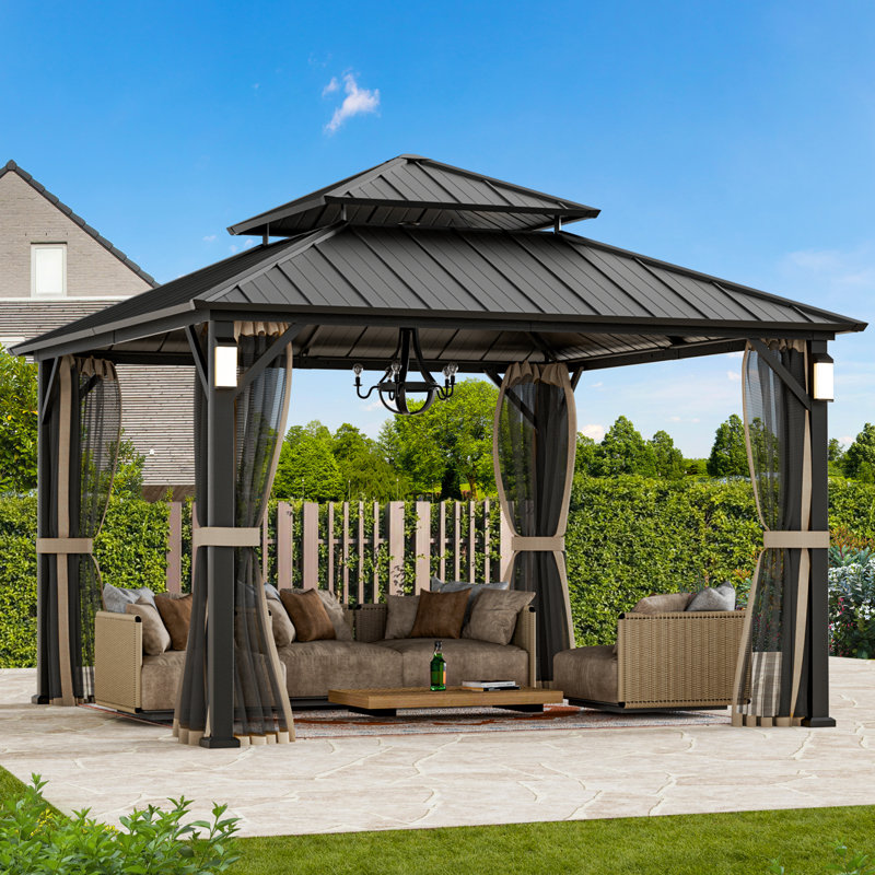 Horizon 12' x 12' Hard Top Gazebo With Solar Self Powered LED Lights, Mosquito Netting and Canopy Hook