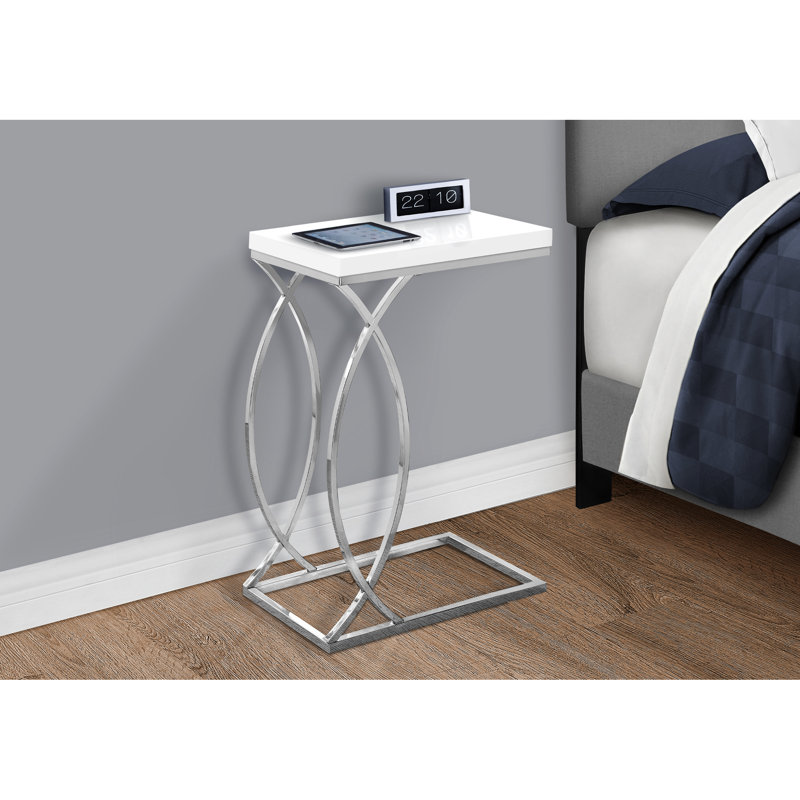 Table d'appoint, en forme de C, bout, côté, collation, salon, chambre à coucher, stratifié blanc brillant, métal chromé, contemporain, moderne