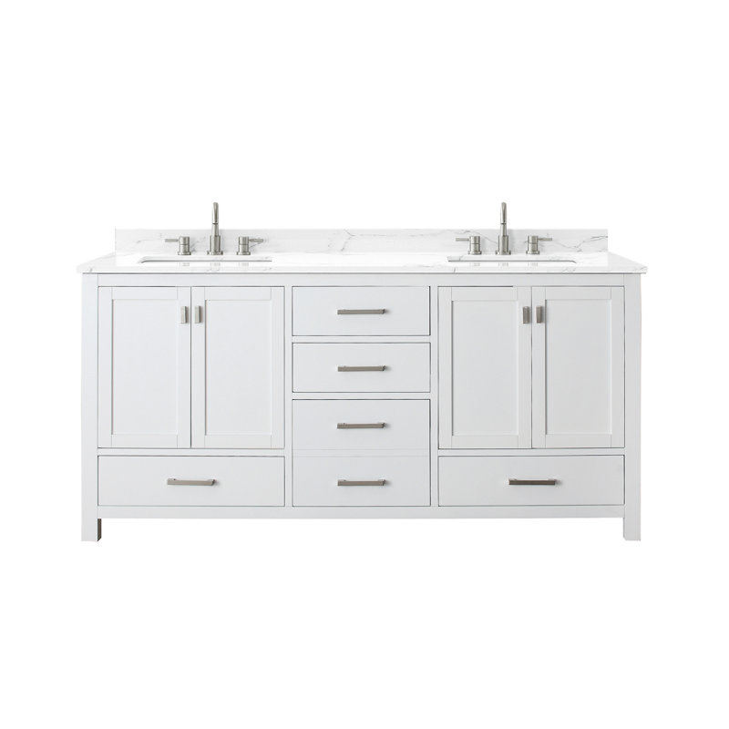 Meuble-lavabo double 72 po avec plateau Souther, Blanc, 73", Pierre artificielle blanche Cala