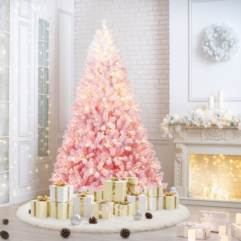 Arbre de Noël artificiel rose 7,5 pi avec 250 lumières RVB et blanc chaud, branches floquées par la neige, base pliable