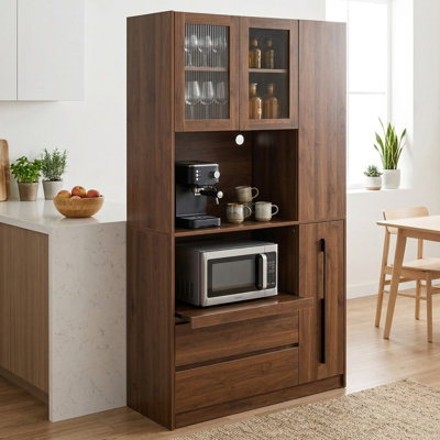 70,87 po Armoire sur pied 70,87 po avec porte vitrée, rangement à plusieurs niveaux et support pour micro-ondes