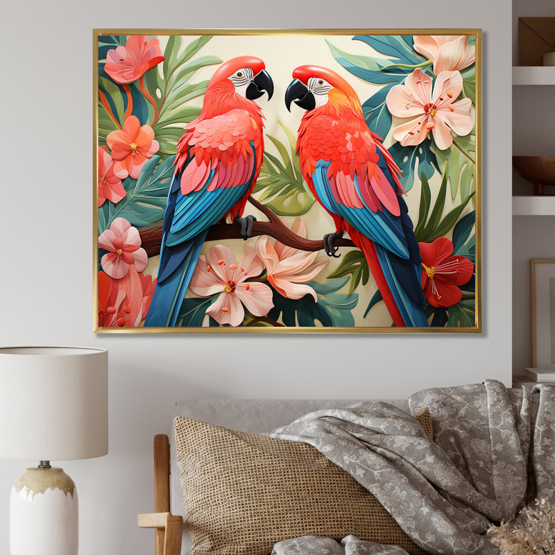 Fleurs tropicales roses et bleues - art mural perroquet, Cadre doré à coins fermés, H 30 po x l 40 po x P 1,5 po