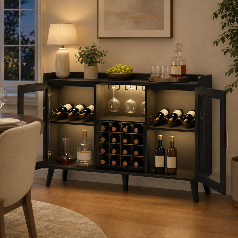 47'' W Black Sideboard Buffet Cabinet with LED Wine Rack, Open Storage Shelves and Metal Frame, Black