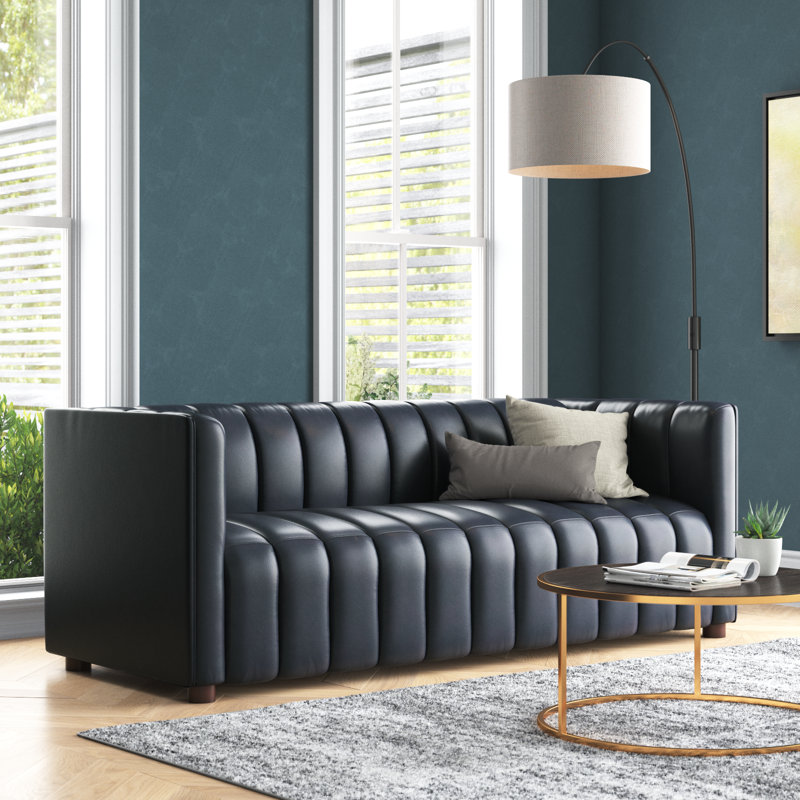Anorea 83'' Genuine Leather Channel Tufted Sofa, Camel Pebbled Genuine Leather