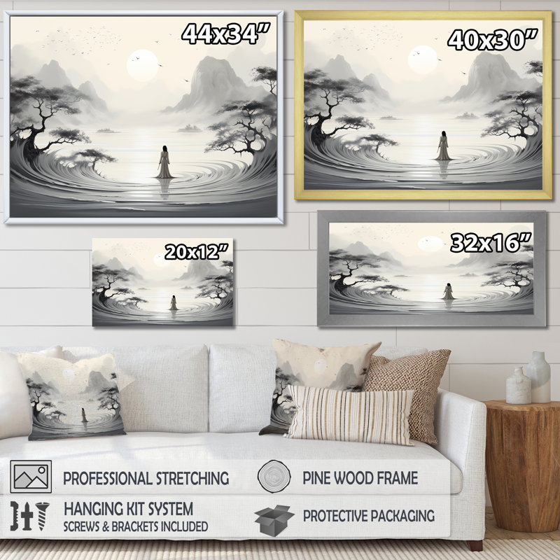 Jardin zen sur toile, Cadre simple argenté, H 16 po x l 32 po x P 1 po
