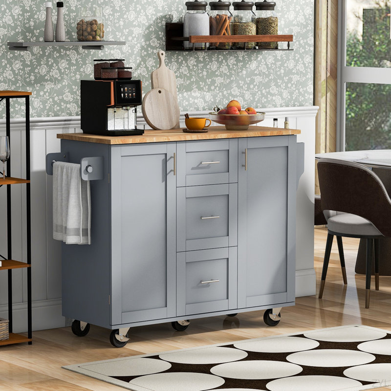 K&K Rolling Kitchen Island With Storage, Kitchen Cart With Rubber Wood Top, 3 Drawer, 2 Slide-Out Shelf And Internal Storage Rack, Kitchen Island On Wheels With Spice Rack & Tower Rack
