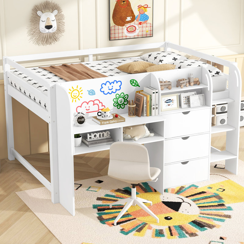 Lit mezzanine double avec bureau, tablettes ouvertes, boîte de rangement et station de recharge USB, base de lit en bois massif