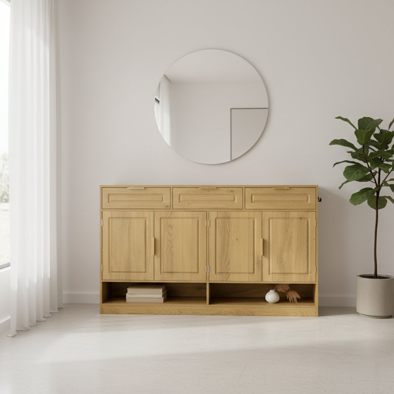 Buffet Farmhouse avec 3 tiroirs, 4 portes et tablette de rangement réglable | Idée de cadeau, Naturel