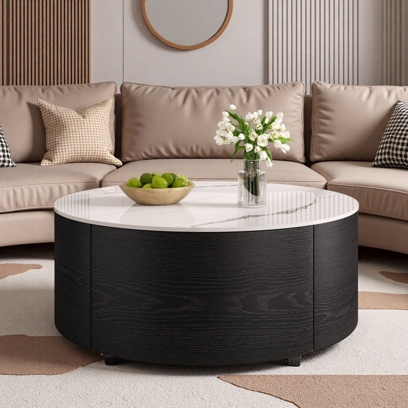Table basse moderne et mobile avec roulettes, 2 tiroirs et plateau en marbre fritté, Noir