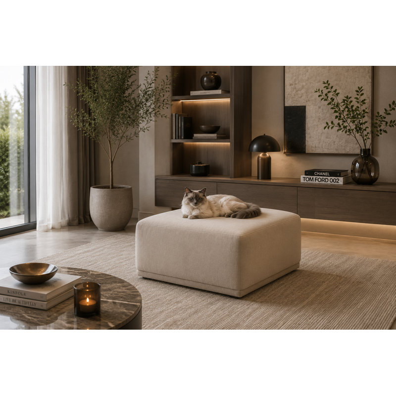70cm Wide Velvet Pouffe Ottoman, Beige