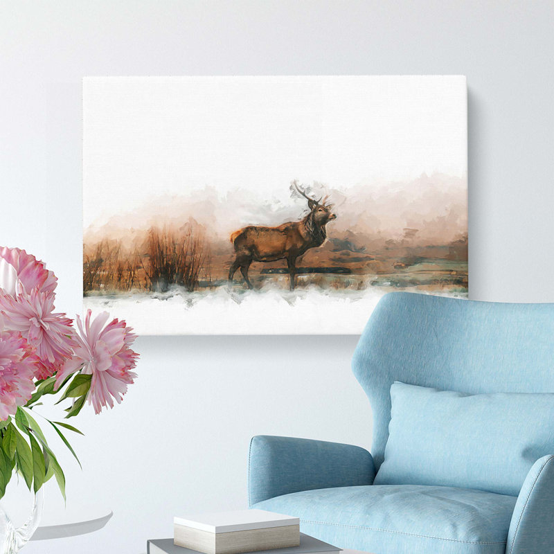 Deer Stag In The Fog In Abstract - Wrapped Canvas Painting, 50cm H x 76cm W x 3cm D