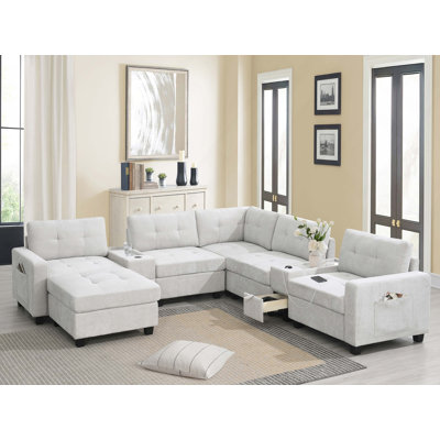 Canapé modulaire de 104 po avec repose-pieds mobile, canapé capitonné en forme de L avec consoles de rangement, chargeur USB, plateau de table en acrylique, ensemble de canapé en chenille en forme de U pour le salon