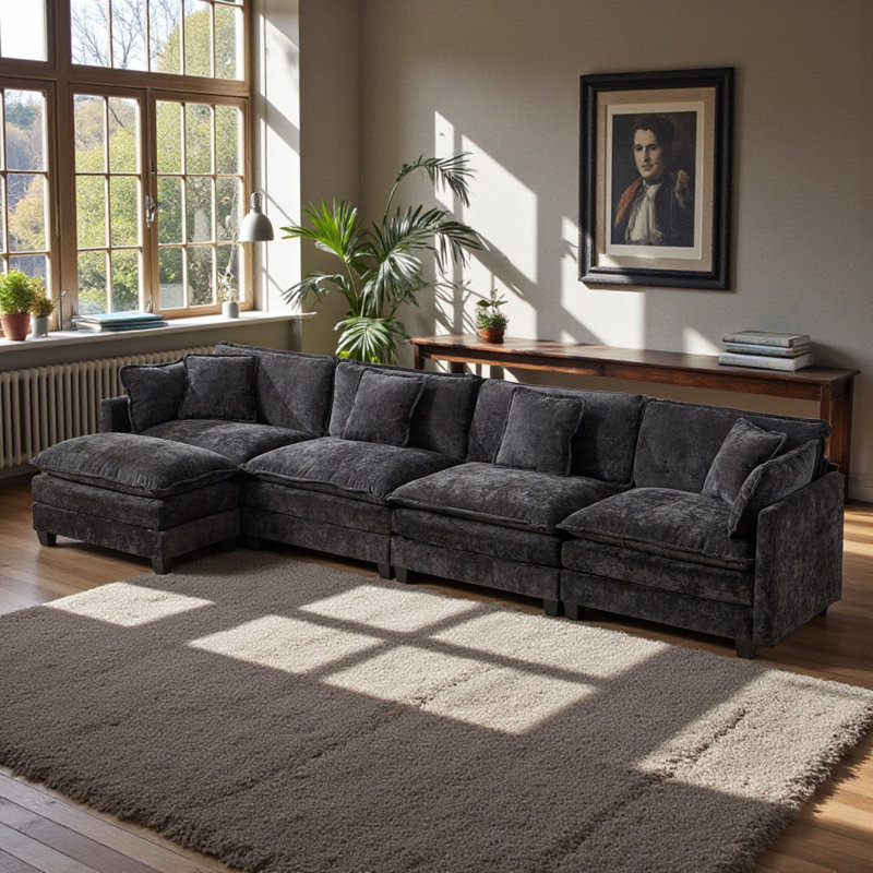 Canapé rembourré en chenille de 150 po de largeur Genèveve avec repose-pieds, 6 coussins et coussins rembourrés de mousse